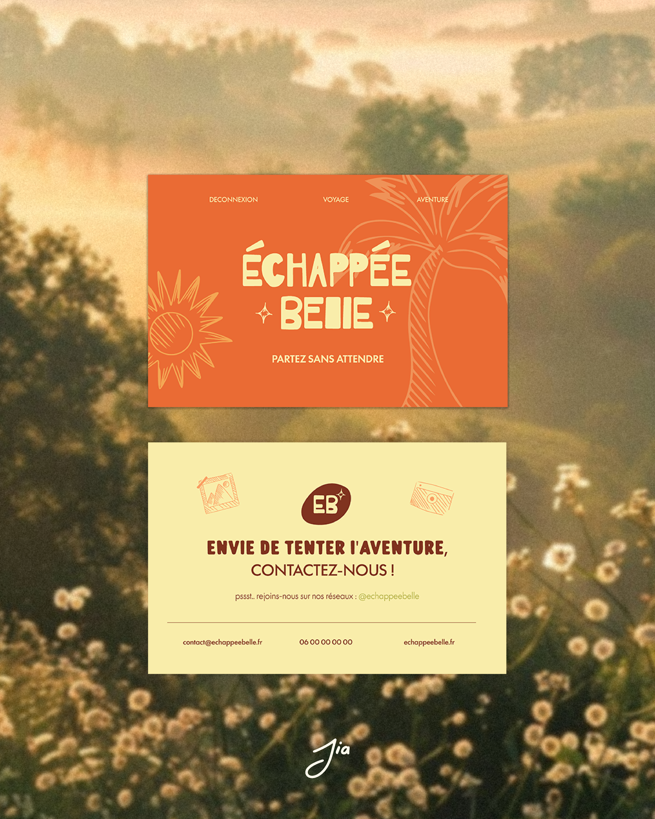 Une affiche promotionnelle pour une escapade appelée 'Échappée Belle', avec des icônes de soleil, de photos, et des textes incitant au voyage et à l'aventure. La seconde partie invite à contacter pour tenter l'aventure, avec une adresse e-mail, un numéro de téléphone et des réseaux sociaux.