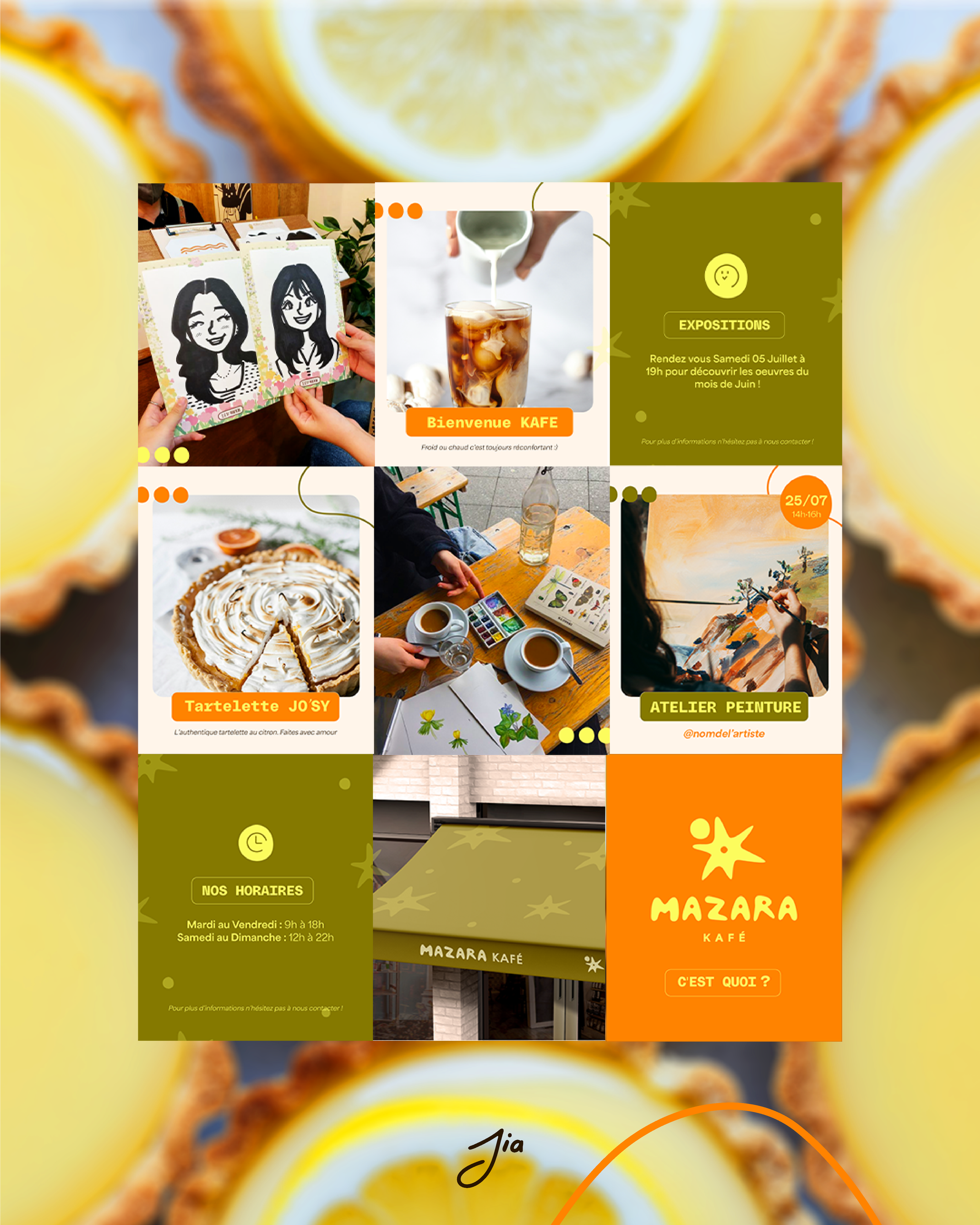 Une affiche promotionnelle pour un café nommé Mazara Café, présentant des activités comme la peinture, la création de caricatures et une dégustation de tartes, avec des horaires d'ouverture et des annonces d'expositions et d'ateliers.