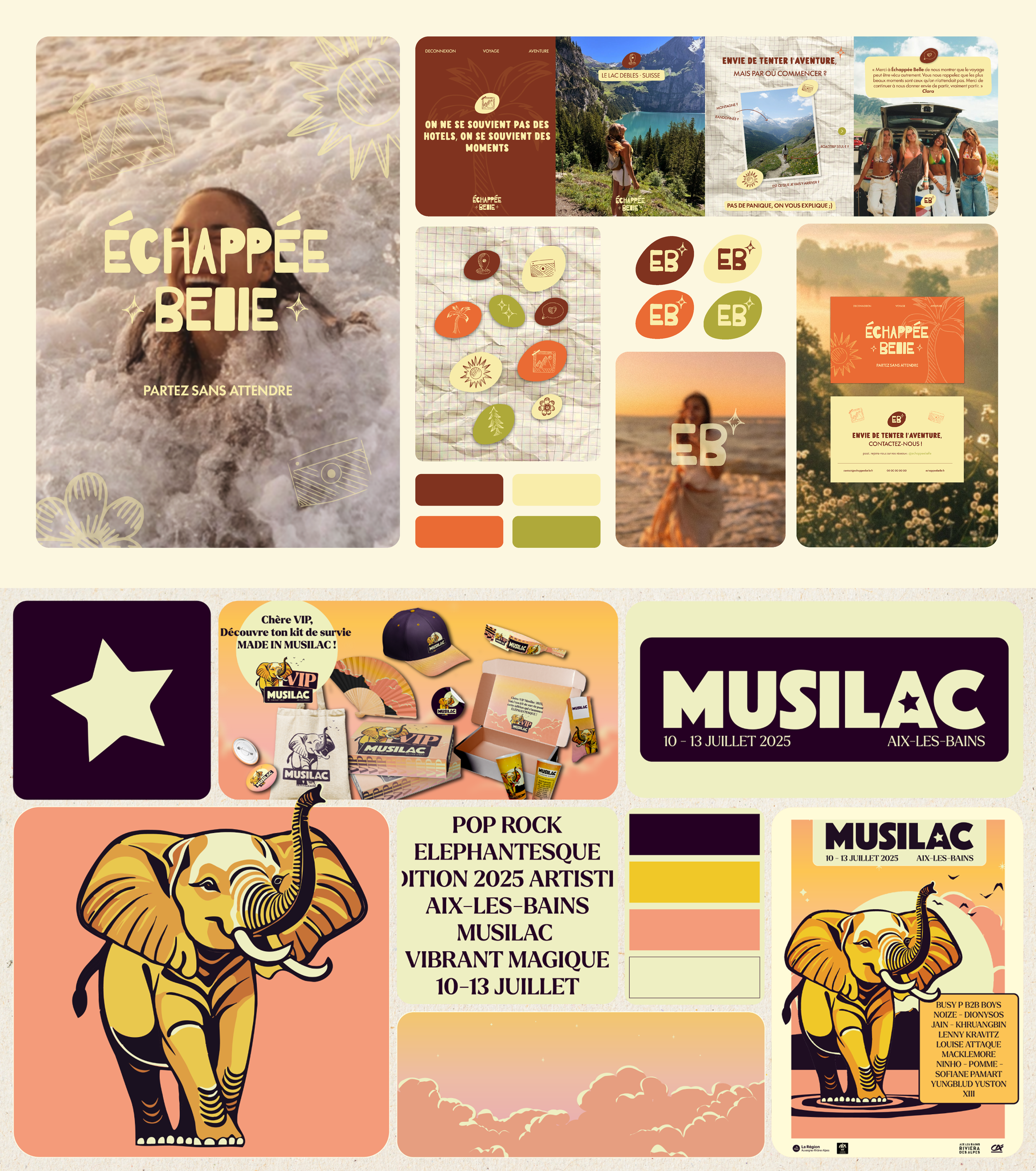 Collage d'images promotionnelles pour un festival à Musilac en juillet 2025, featuring une femme nageant, des paysages de montagne, un logo avec un éléphant, des objets et vêtements de marque, et des éléments graphiques colorés.