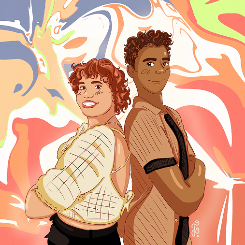 Deux jeunes adultes, un homme et une femme, posent ensemble avec un fond abstrait coloré, style dessin animé.