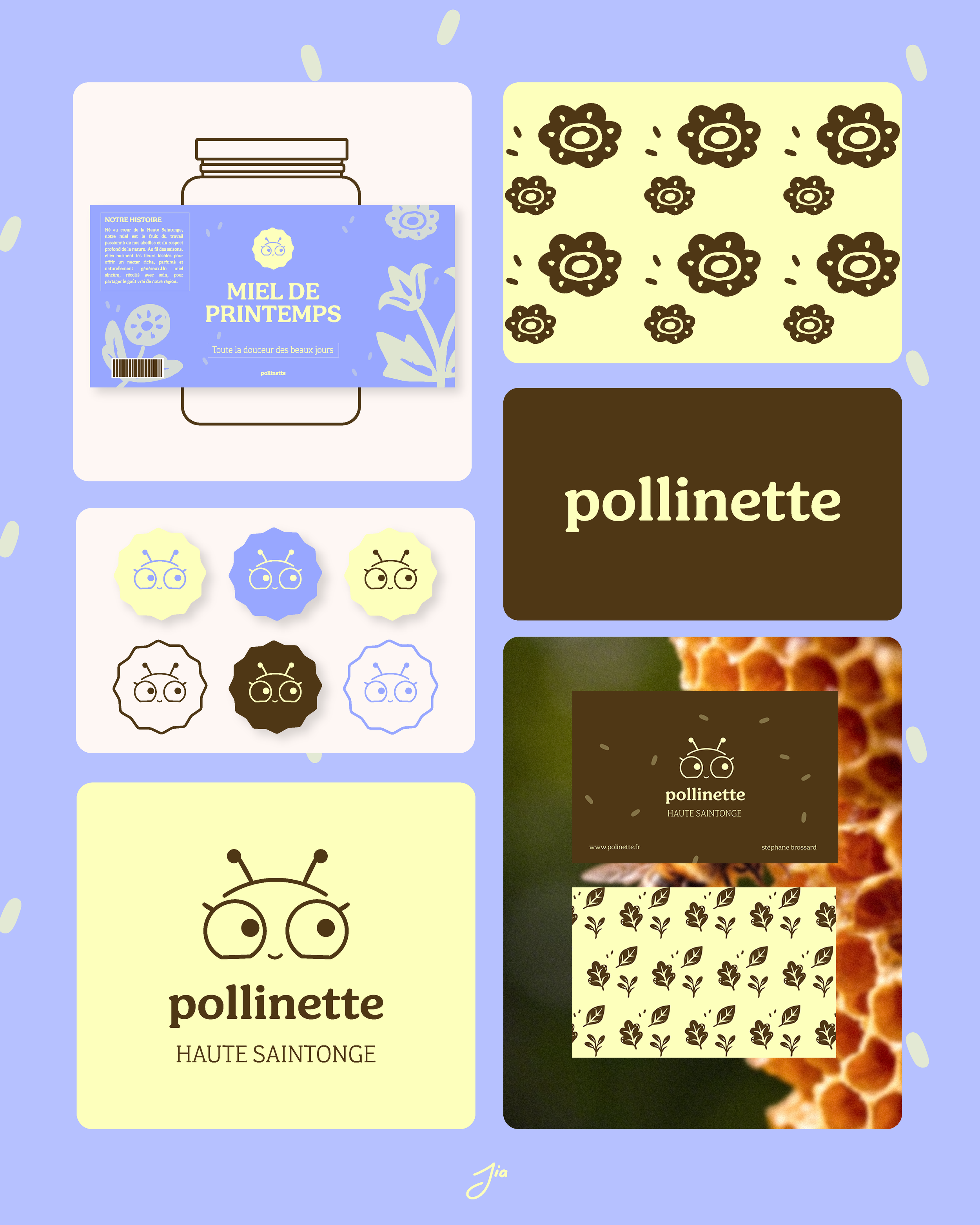 Collection d'éléments de packaging et graphiques pour une marque de miel appelée Pollinette, avec illustrations de petites abeilles et motifs floraux, mettant en avant le miel de printemps.