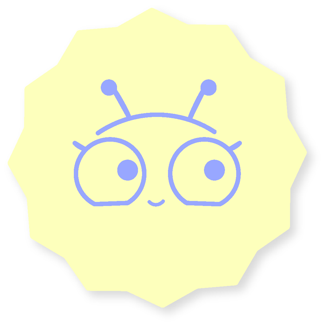 Illustration d'une adorable créature d'aspect insectoïde avec de grands yeux, deux antennes et un visage souriant. Style simple et couleurs pastel.