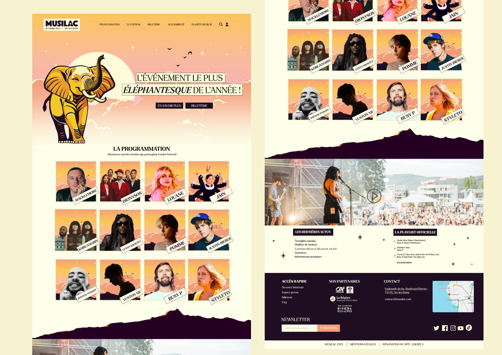Page Web du festival Musilac avec un animal éléphant caricatural, programme d'événements, artistes, photos des musiciens, informations, liens, panneau de contact, carte, et logos de partenaires.