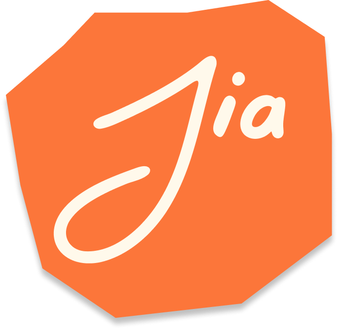 Logo orange avec le mot « jia » écrit en blanc cursif.