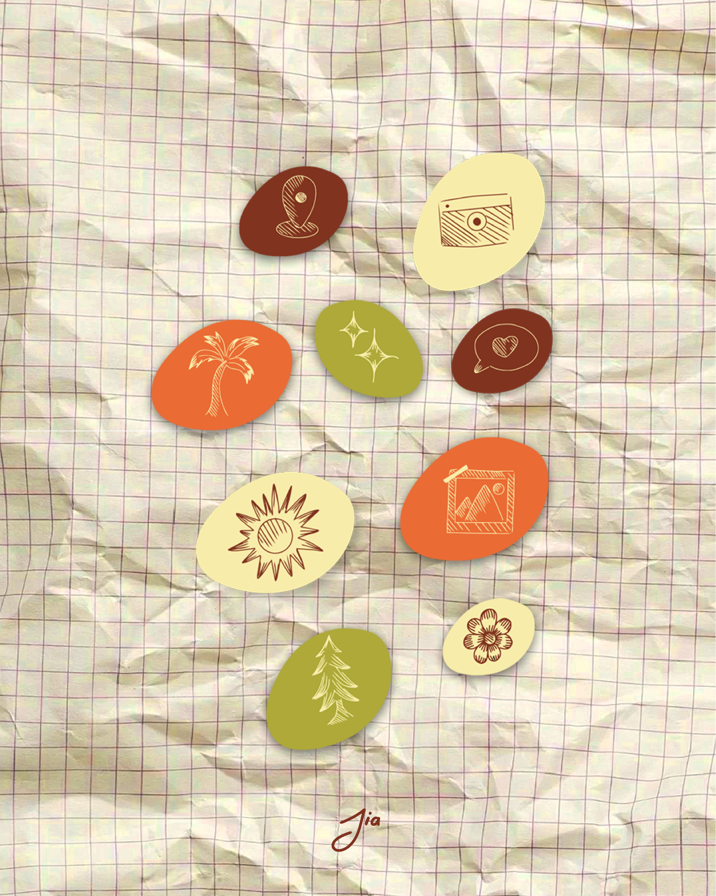Illustration de plusieurs stickers avec des dessins de feuillage, soleil, palmier, fleurs, et autres éléments naturels, disposés sur un fond en papier quadrillé froissé. La signature 'Jia' est en bas.