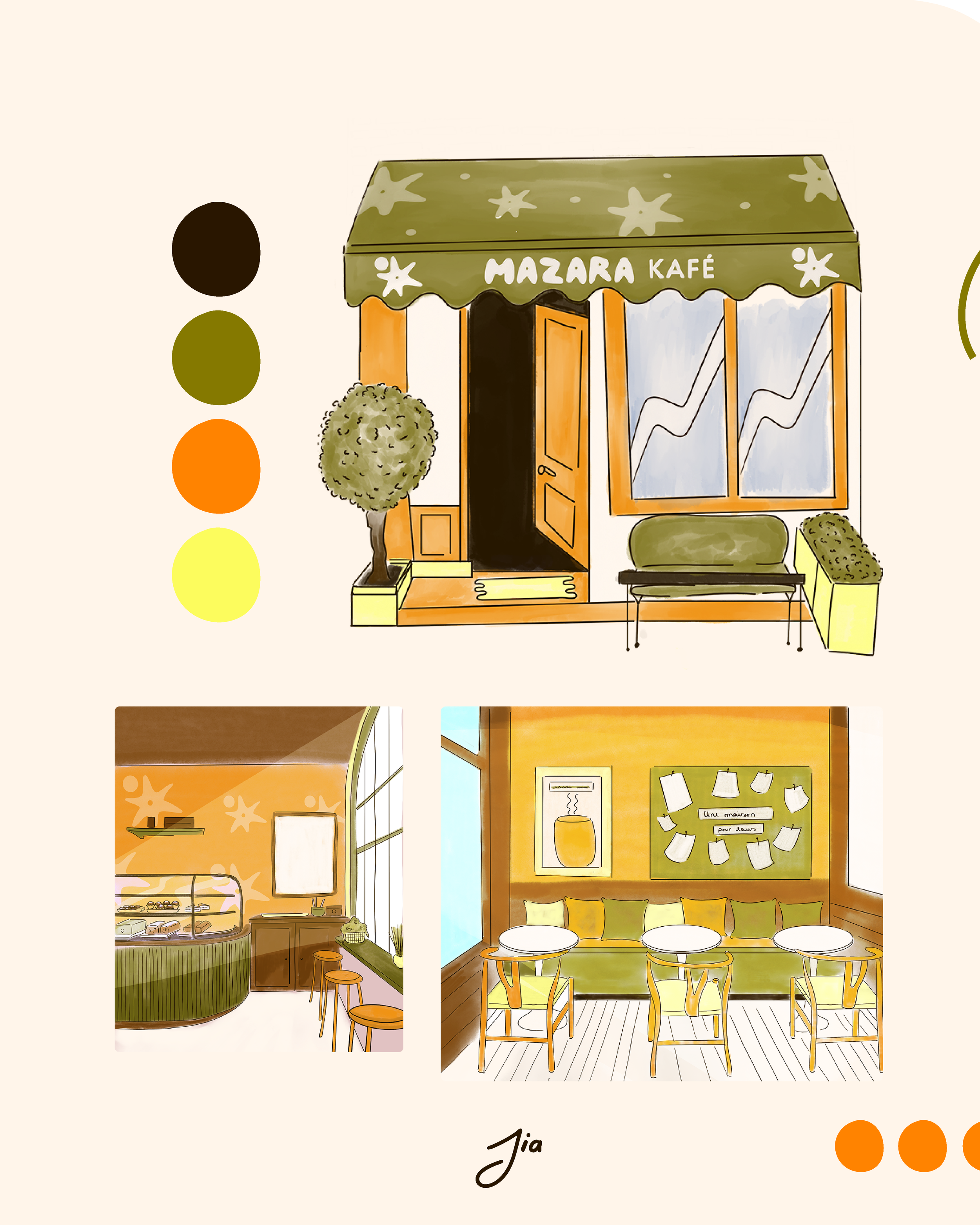 Illustration de deux cafés, un extérieur avec une enseigne "Mazara Café" et un intérieur cosy avec des tables, des chaises, un mur avec des affiches, et un comptoir à pâtisseries.