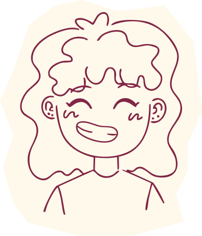 Dessin d'une jeune fille souriante avec des cheveux bouclés et longs, style dessin animé.
