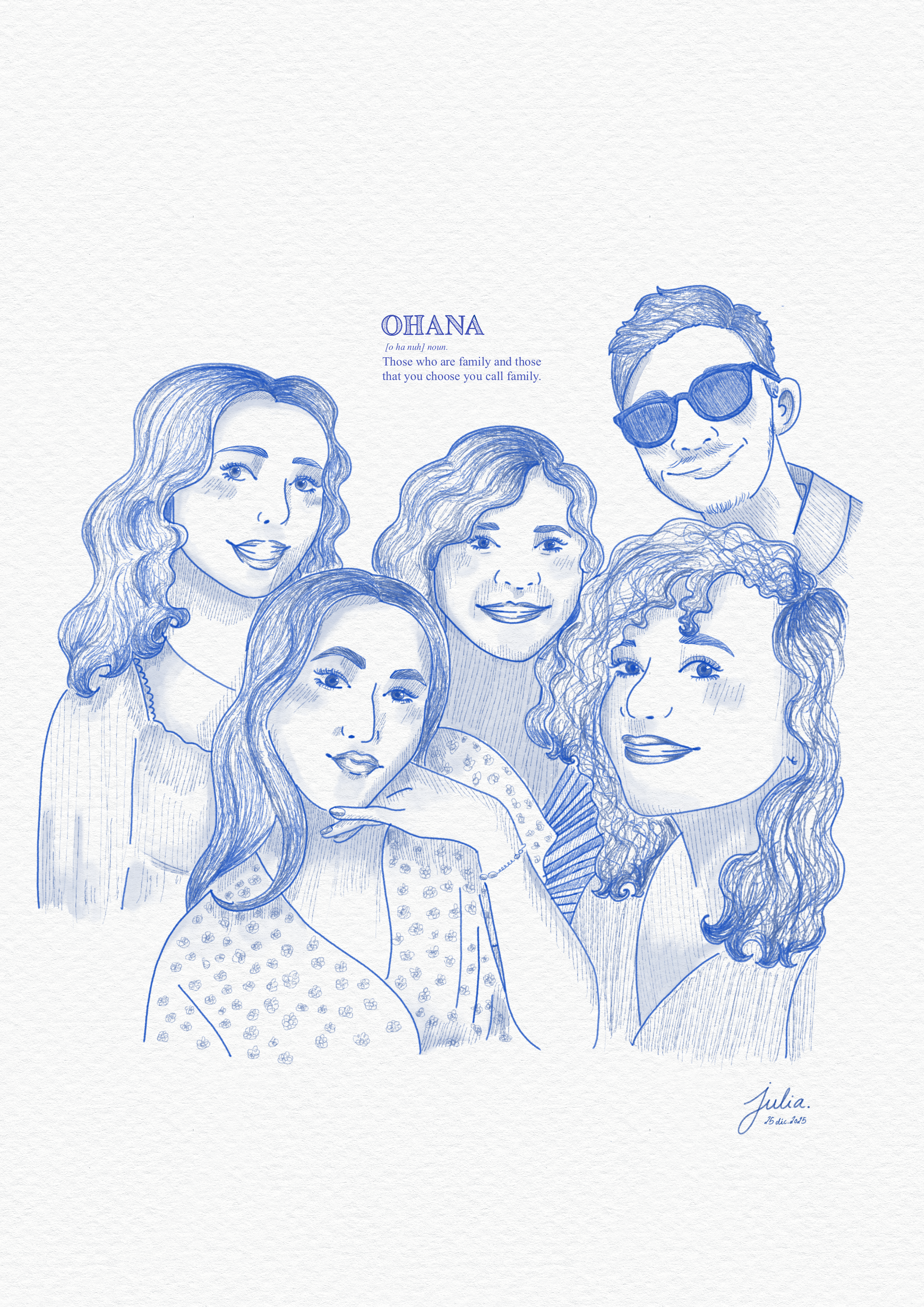 Dessin en style croquis bleu représentant un groupe de cinq personnes, toutes souriantes, avec une femme au centre portant une robe à pois. Il y a aussi un homme portant des lunettes de soleil. En haut, le texte explique la signification de "Ohana", définie comme la famille choisie.