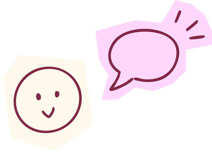 Illustration de deux bulles de conversation, une avec un visage souriant et une autre en forme de bulle de dialogue.