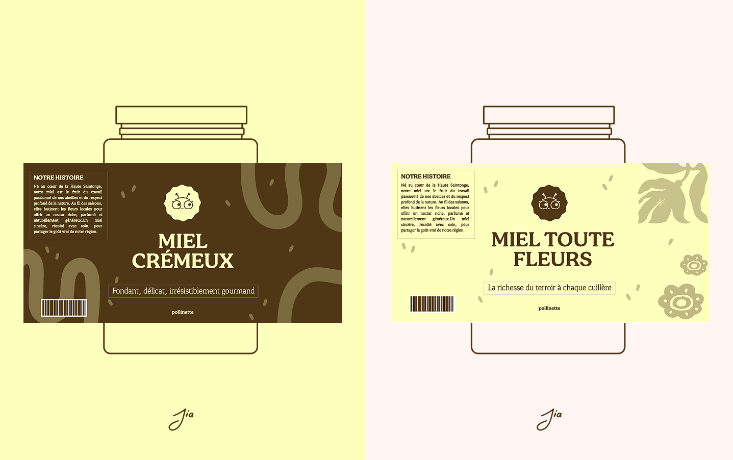 Deux emballages de miel illustrés, un à fond marron clair avec la légende "Miel Crémeux" et l'autre à fond beige avec la légende "Miel Toute Fleurs". Chaque emballage affiche une illustration de pot de miel avec des petits motifs floraux et une étiquette de description.