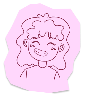 Dessins d'une fille souriante avec des cheveux bouclés, rires et visage heureux, style cartoon