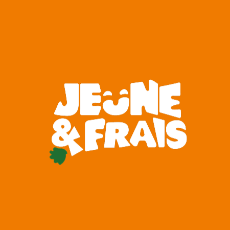 Logo avec le texte 'Jeune & Frais' en blanc sur fond orange, avec une feuille verte à gauche du texte.