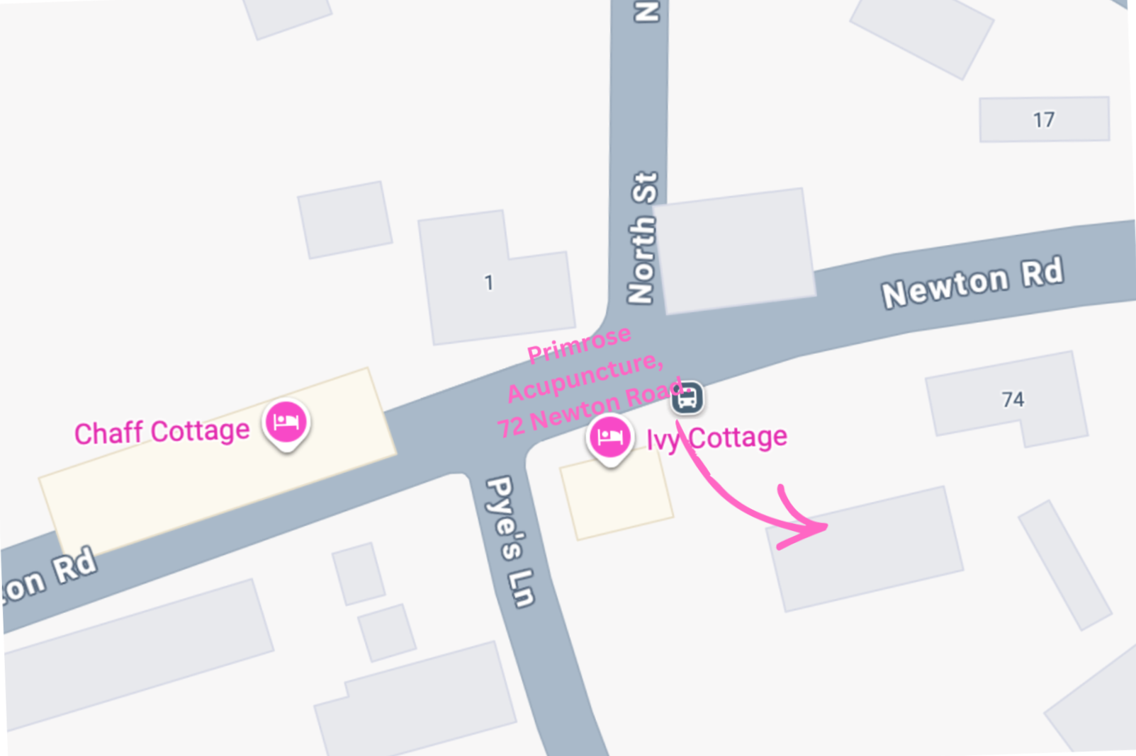 Map showing the intersection of North Street and Newton Road, with locations of Chaff Cottage, Ivy Cottage, and Primrose Acupuncture at 72 Newton Road. The map includes street labels, icons for accommodations, and a bus stop.