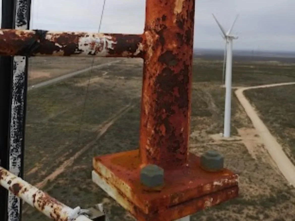 Close-up of a rusted metal structure with bolts, with wind turbines and a dirt road in background.