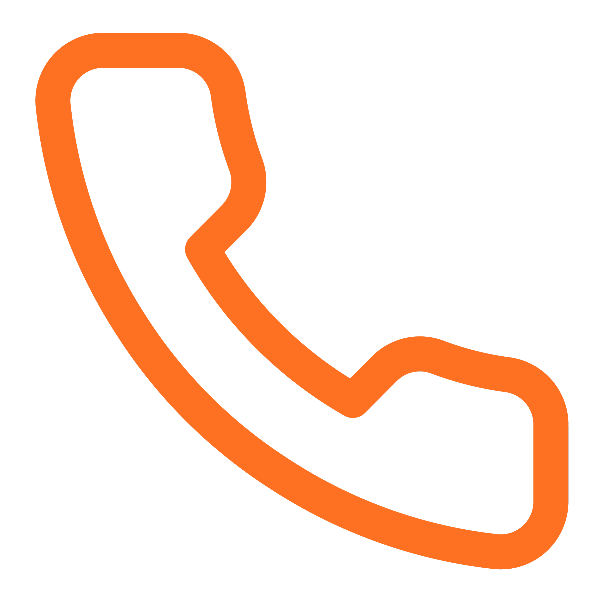 Orange outlined phone receiver icon on black background.