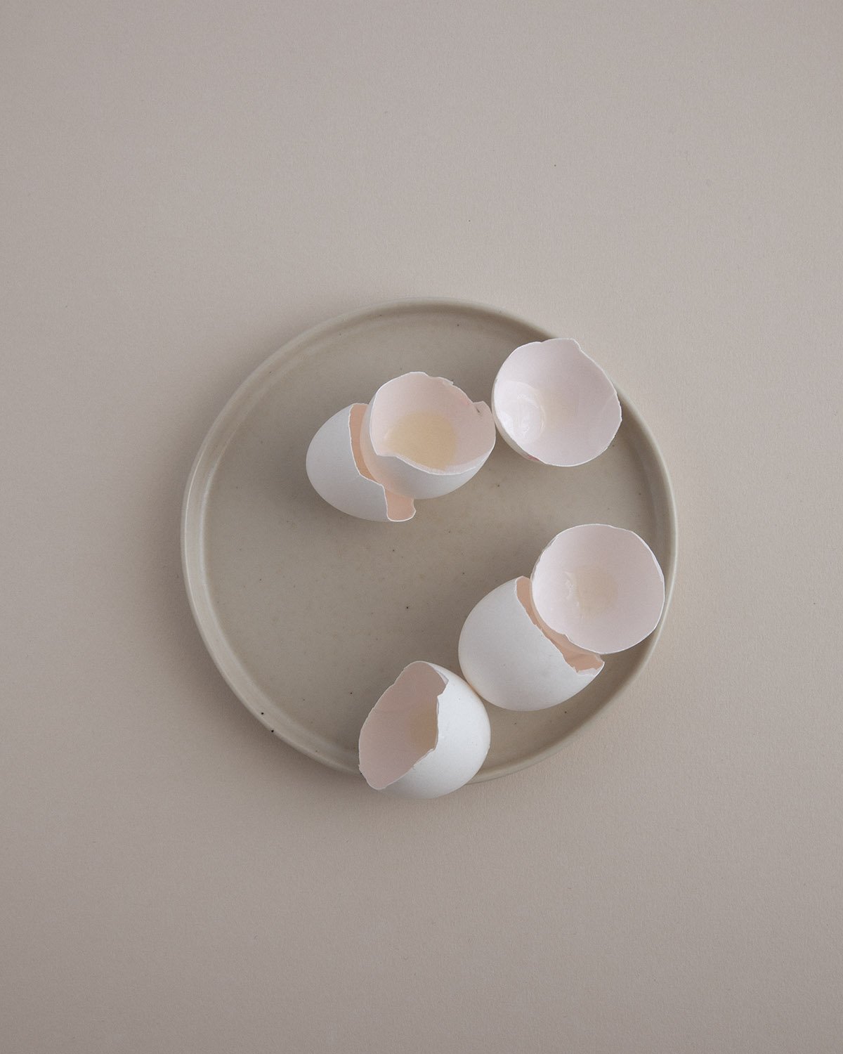 Soft Photograph of a still life of eggshells on a plate