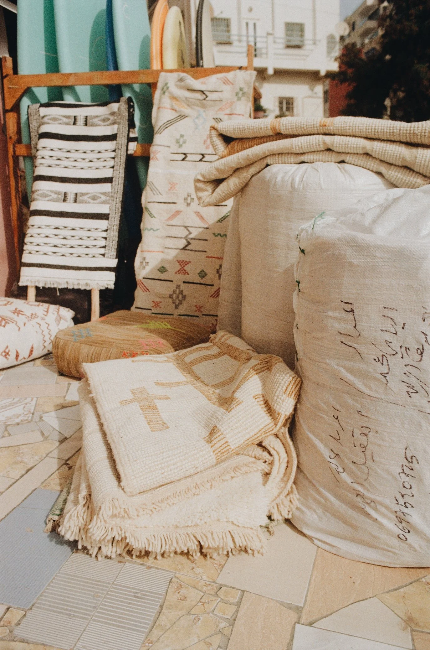 Detail of Maroccan rugs in Tamraght Marocco shot on film