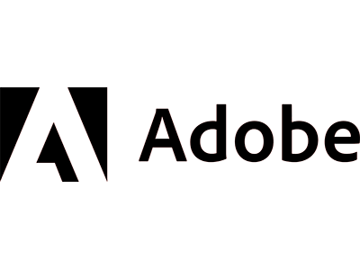 Adobe logo with stylized 'A' and 'Adobe' text in black.