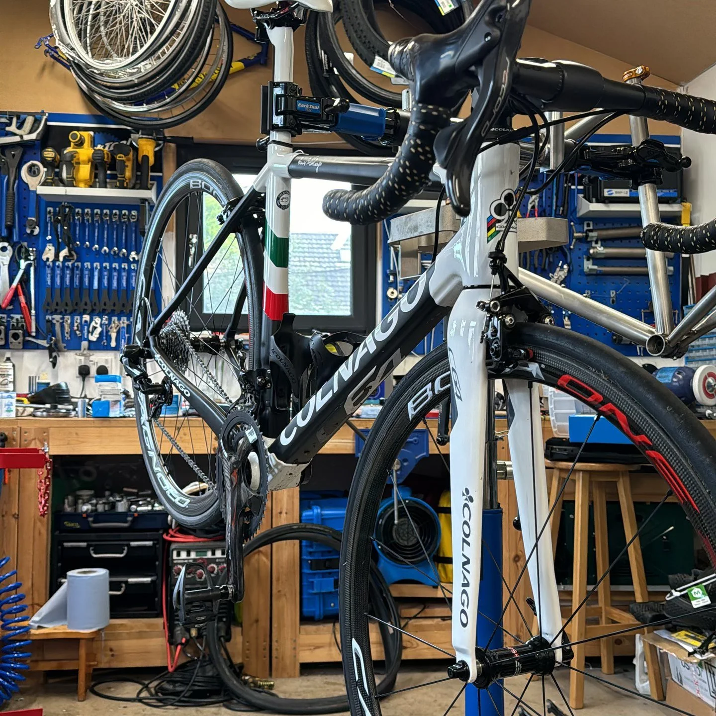 The workshop is never quiet; but it&rsquo;s always enjoyable when you have a @colnagoworlduk #C64 in for a small #service and check before it heads off on a sojourn to the #Alps.  Fitted out with @campagnolosrl #record