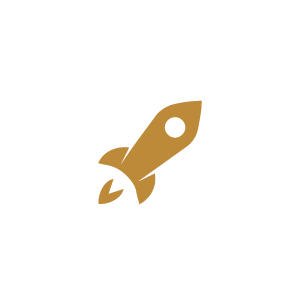 A simple graphic of a gold rocket ship pointing diagonally upward to the right on a black background.