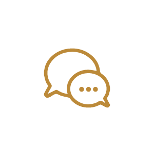 Two speech bubble icons, one outlined and one filled, representing conversation or communication.