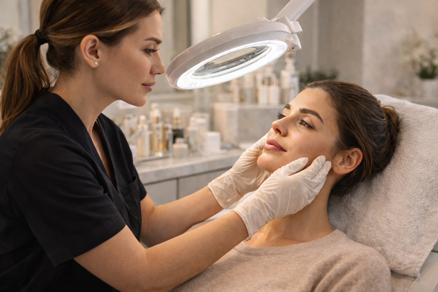 A woman lying on a treatment bed in a skincare clinic, receiving facial care from a practitioner wearing gloves, under a bright magnifying lamp.
