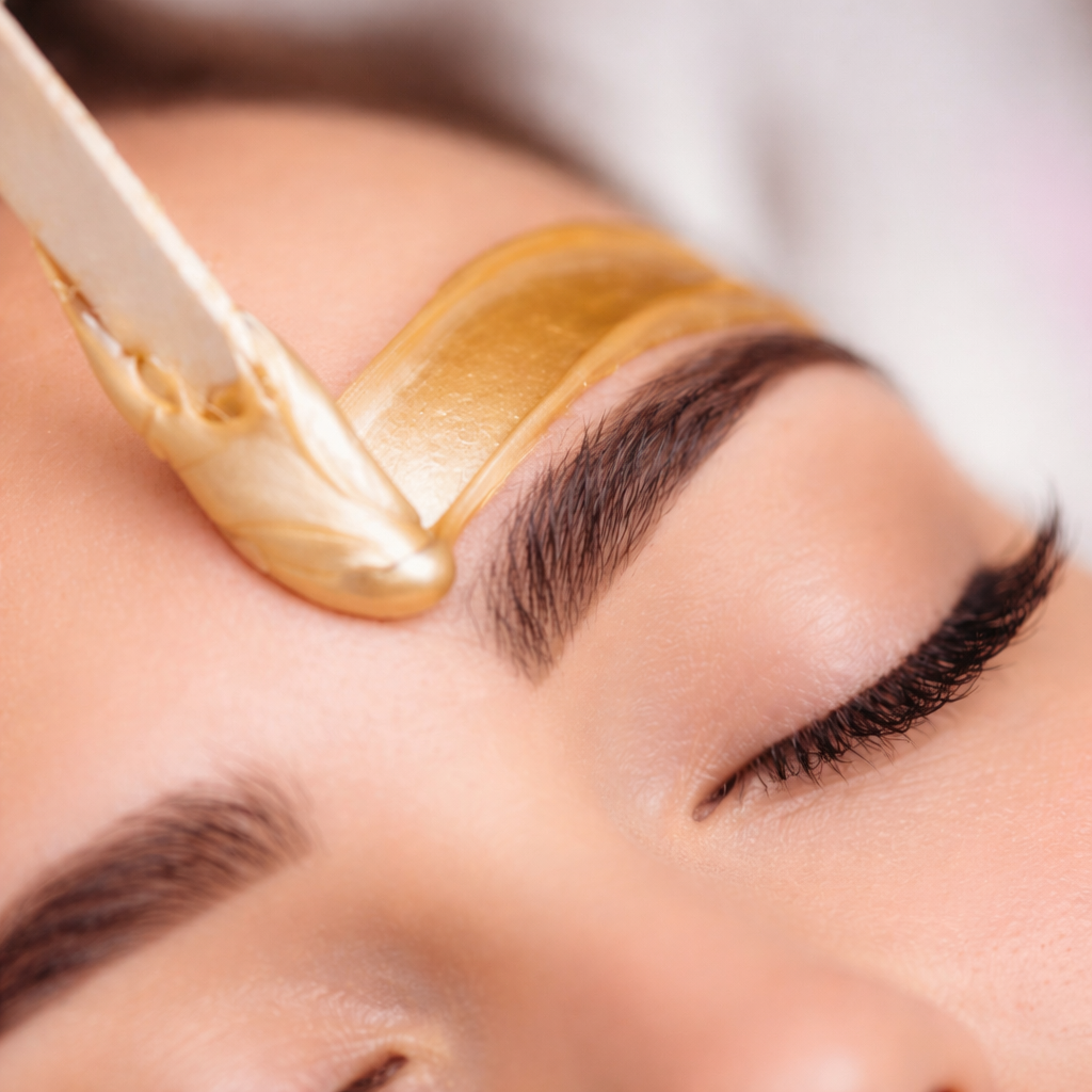 A person receiving a facial treatment with a golden-colored facial mask applied to their forehead.