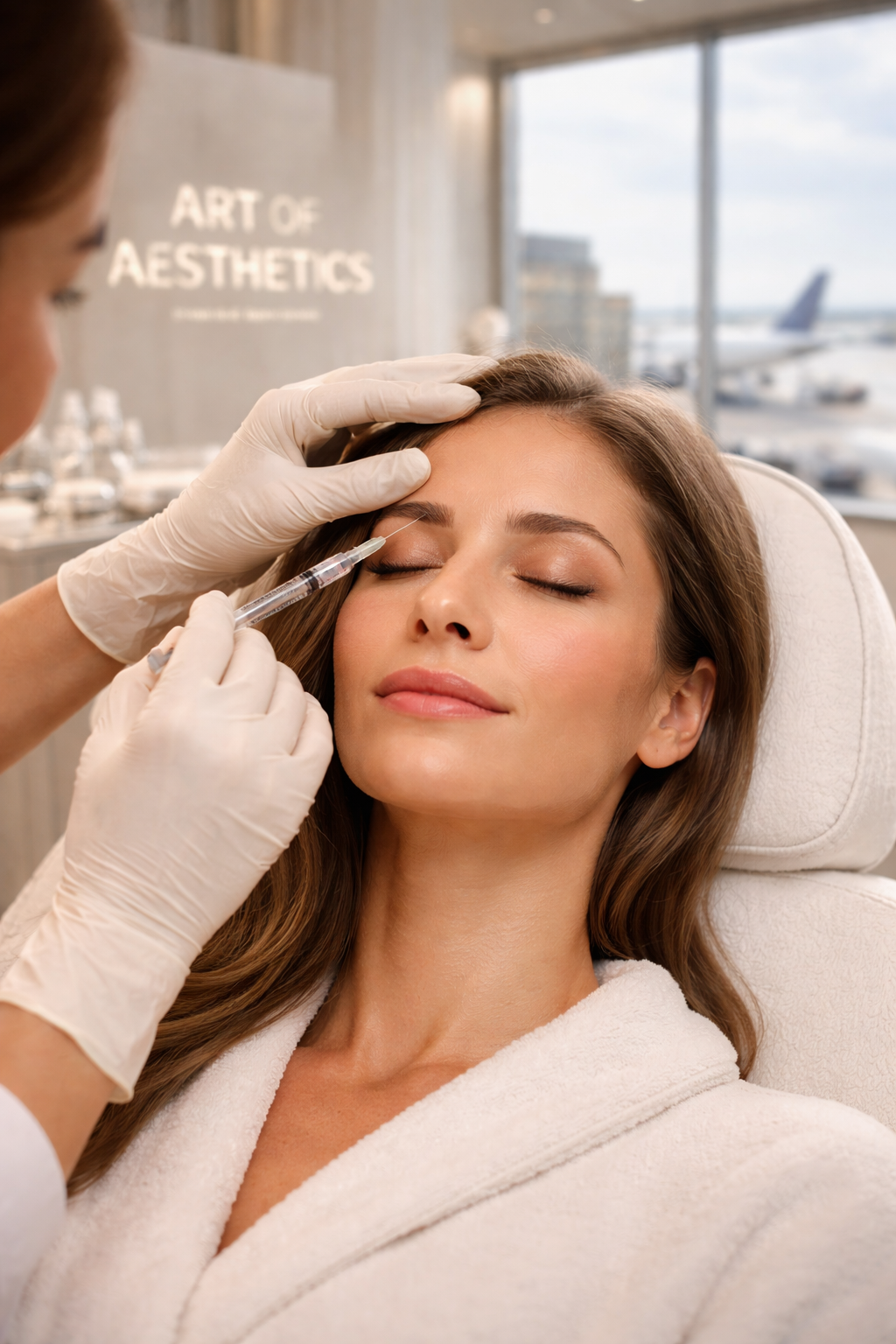 A woman receiving a cosmetic injection in her eyebrow in a clinic with a sign that reads 'Art of Aesthetics'.