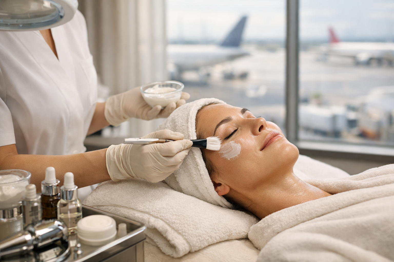 A woman is receiving a facial treatment at a spa or clinic, lying on a bed with her eyes closed. A professional is applying a cream or mask to her face with a brush, using a bowl of cream. The setting overlooks an airport tarmac with airplanes visible through large windows.