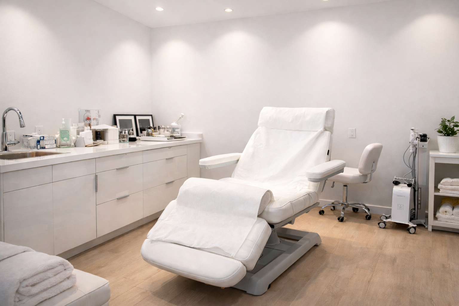 Medical treatment room with a reclining examination chair covered with a white disposable sheet, a white countertop with medical supplies, and a rolling stool in the background.