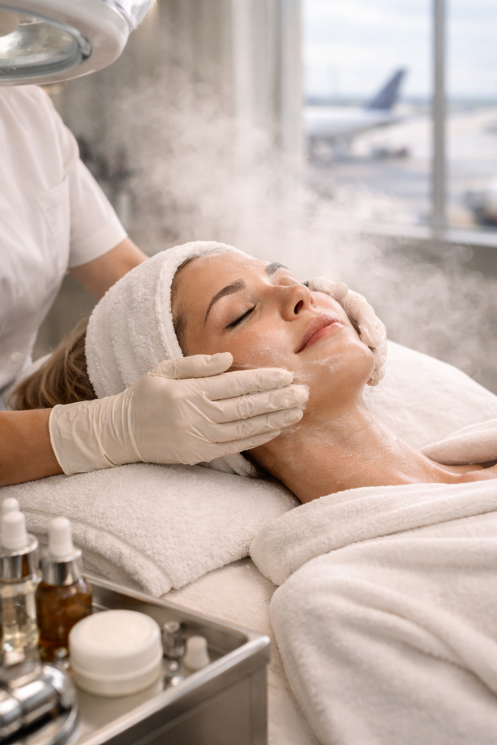 A woman receives a facial treatment at a spa, lying on a bed with her eyes closed, while a technician gently massages her face. The setting is bright with natural light coming through windows, and various skincare products are on a tray nearby.