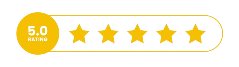 Five-star rating graphic with a 5.0 rating circle on the left and five stars, four yellow and one blue, representing a high rating.