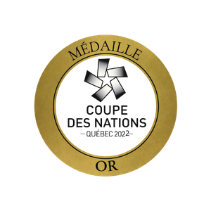 Une médaille en or avec un ruban noir, inscrite avec le texte 'Médaille d'Or'. Coupe des Nations