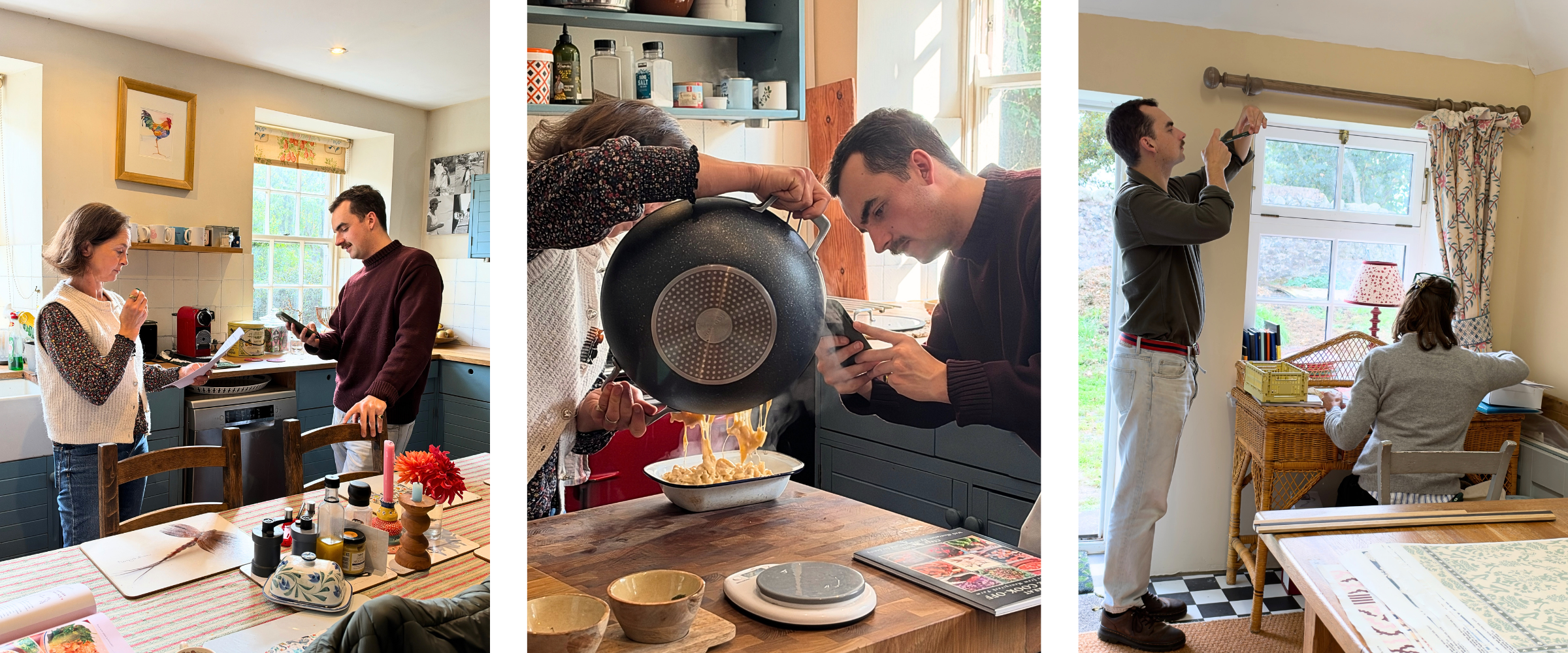 Three scenes of people in a home: women and men in a kitchen, cooking and working on different tasks, with a mix of modern and vintage decor and large windows with natural light.