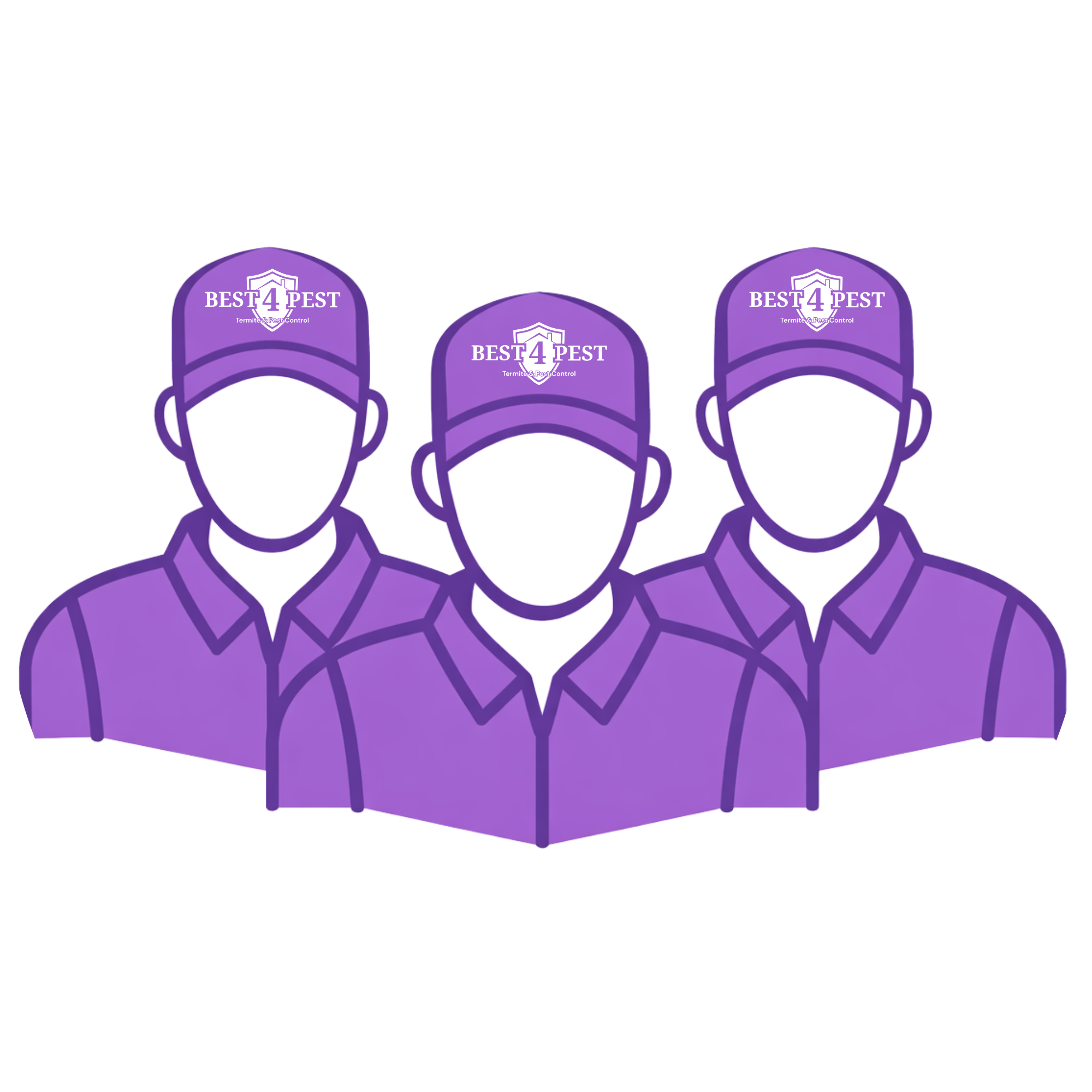 Illustration of three workers wearing purple caps and shirts, with the caps branded 'Best 4 PEST' for termite and pest control.