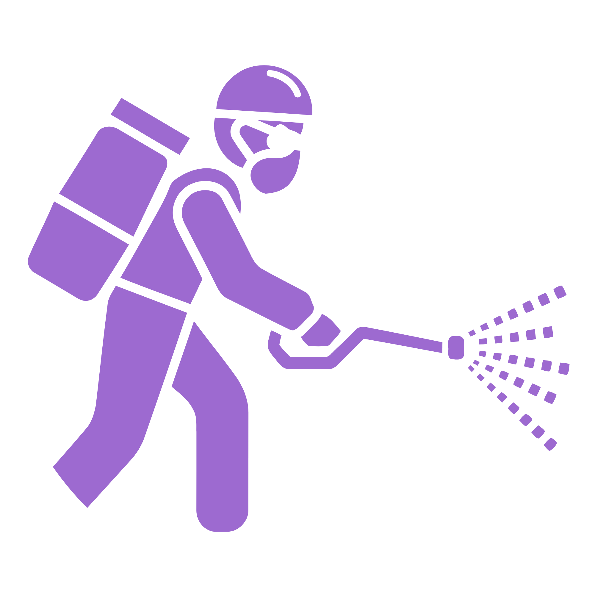 Illustration of a person cleaning or disinfecting with a spray device, wearing protective gear including a helmet with a face shield and a backpack.