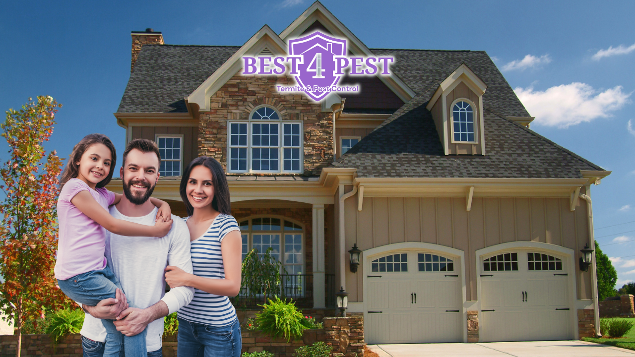 A family of three smiling in front of a house with a logo for Best 4 Pest Termite & Pest Control at the top.