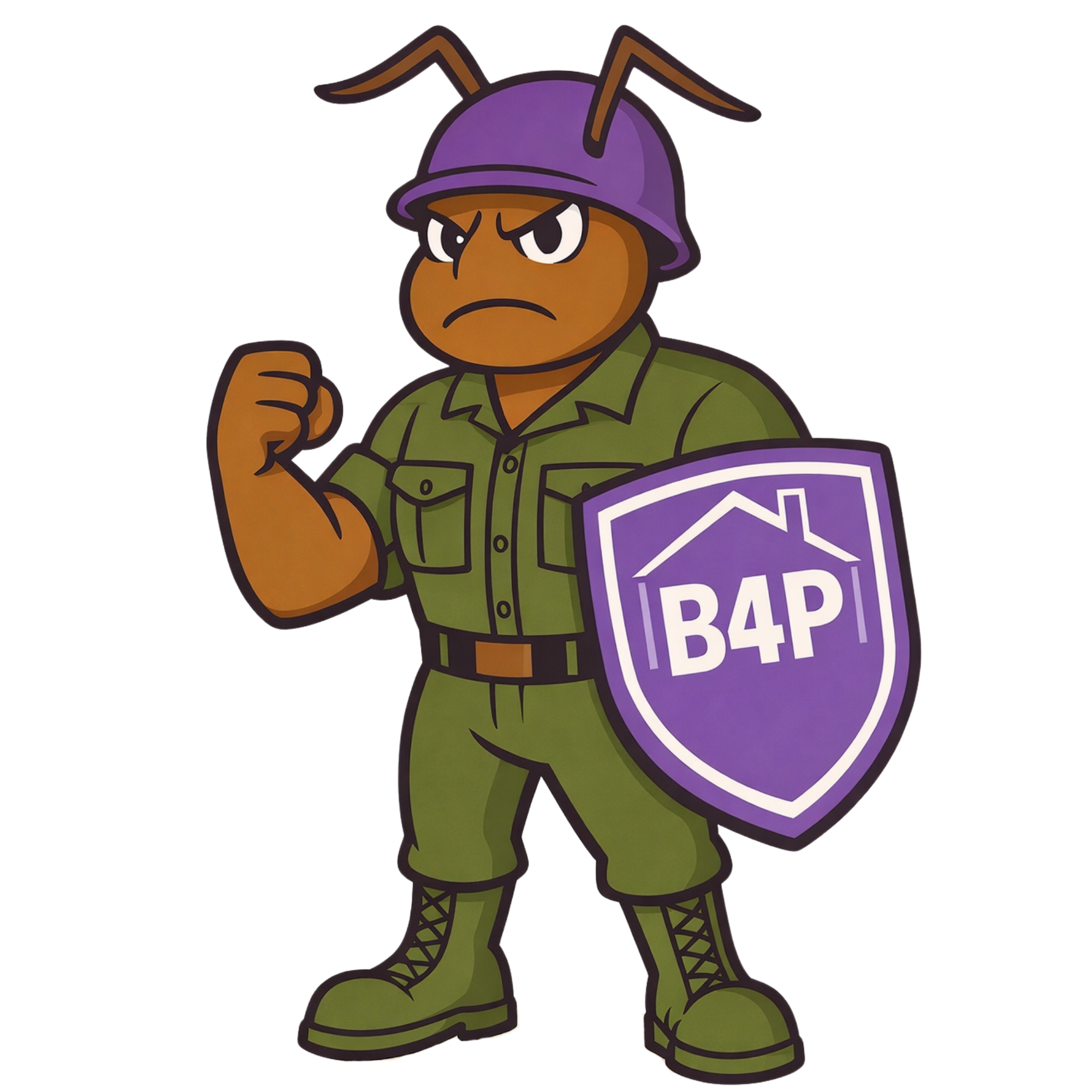 Cartoon character resembling an ant in military uniform holding a shield with the logo B4P.