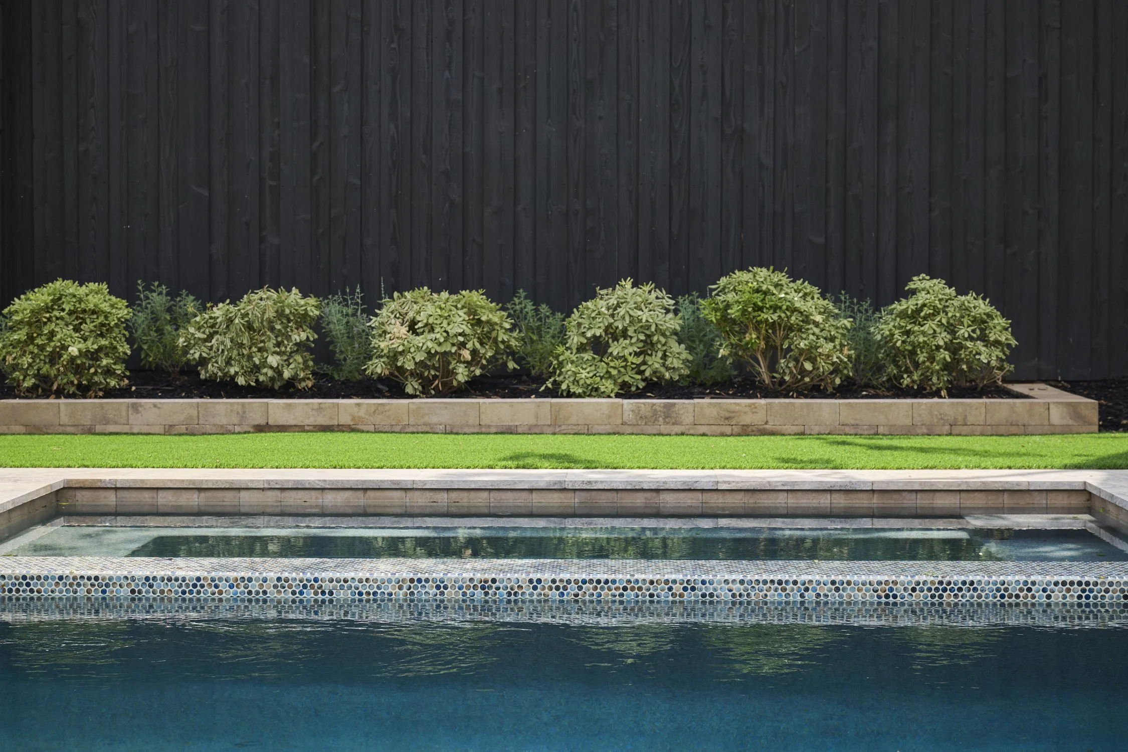 Backyard hardscape and landscape renovation complete with Porcelain Pavers, Belgard retaining walls, and evergreen planting design in North Dallas  | Designed by Caroline Higgins Design in Dallas, TX