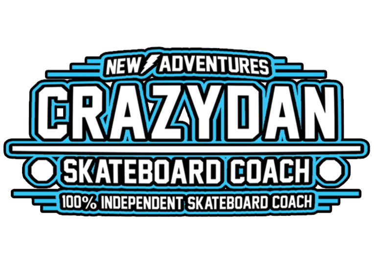 Logo for 'Crazyman Skateboard Coach' with the phrase 'New Adventures' at the top and '100% Independent Skateboard Coach' at the bottom, designed in bold white and blue lettering on a black background.