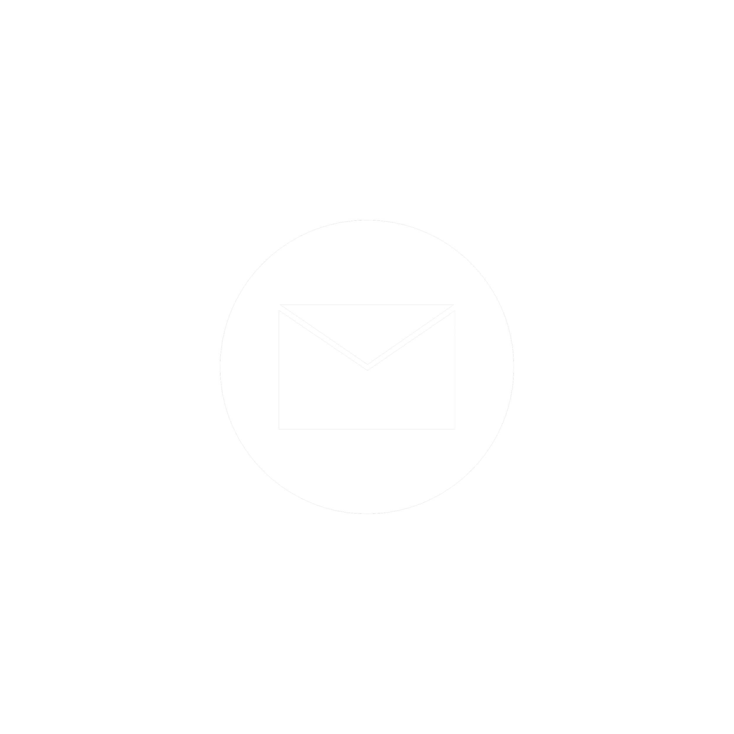 Black background with large white circle at bottom, white envelope icon in center of circle, and dark outline of a house with a pitched roof behind the circle.