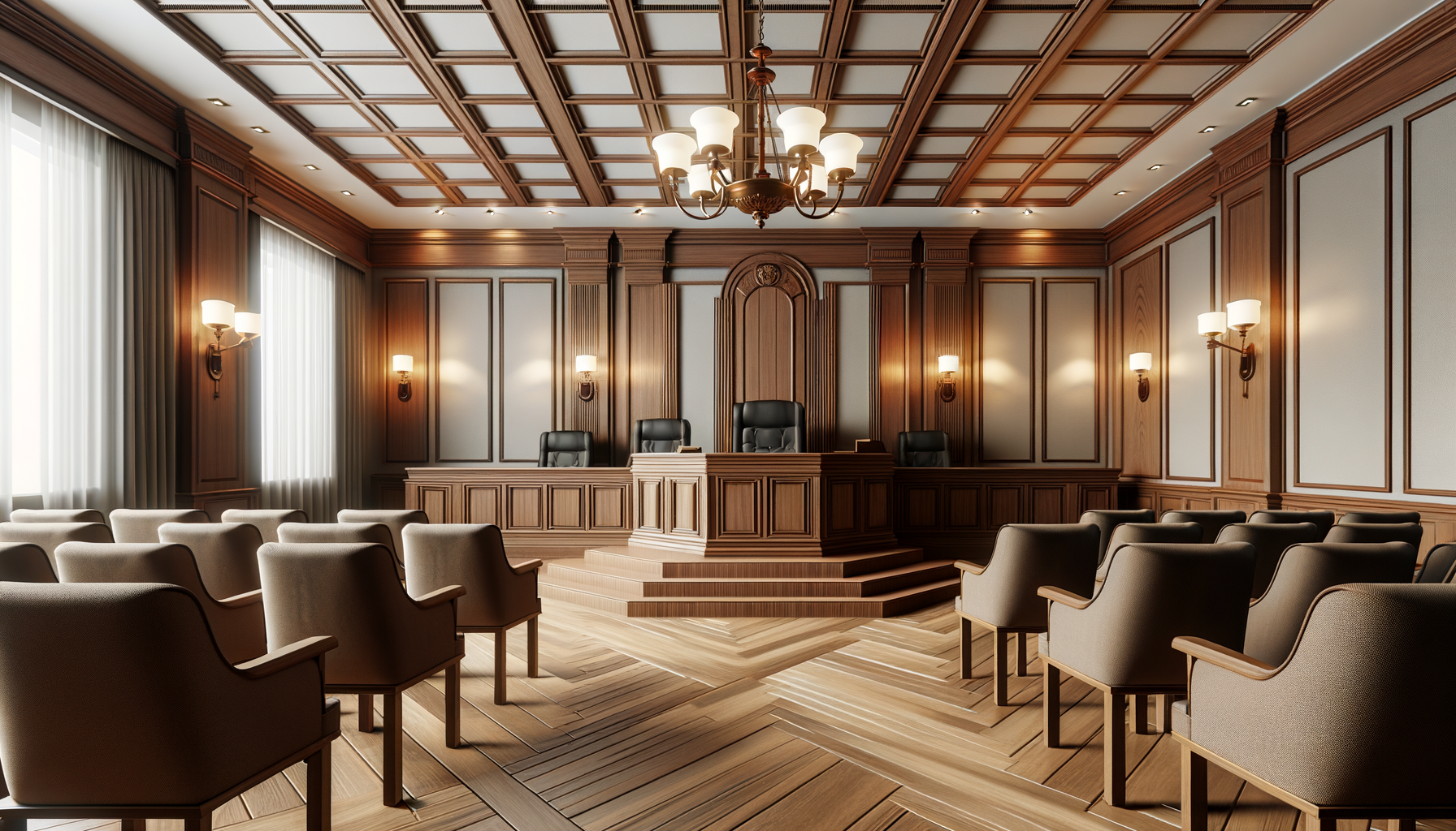 Empty courtroom or courtroom-style room with wooden paneling, a raised judge's bench with three chairs, and rows of chairs for visitors. Chandeliers and wall sconces lighting the room.