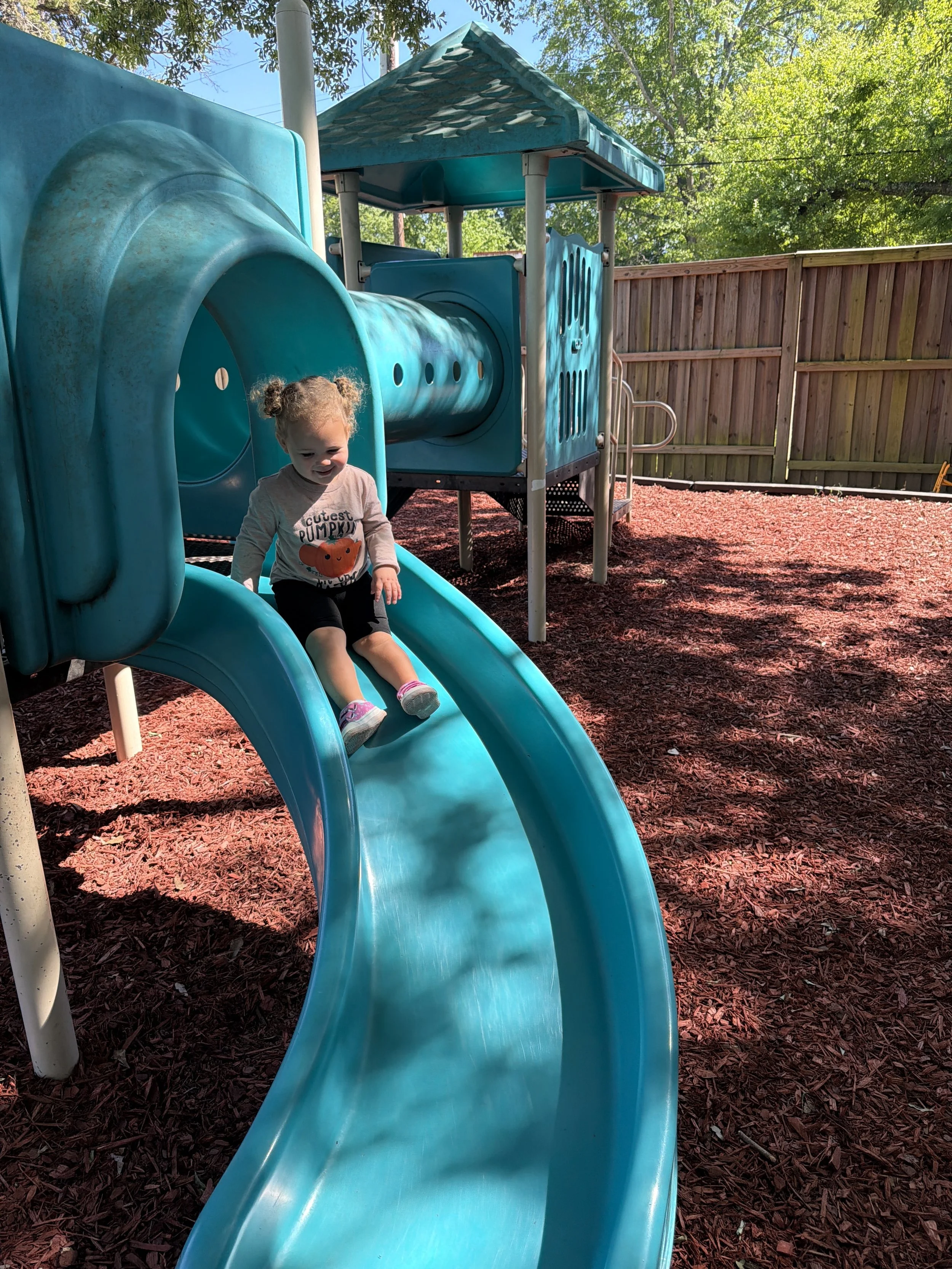 A young girl with curly hair smiling and sliding down a blue playground slide at a park, with a wooden fence and green trees in the background on a sunny day.