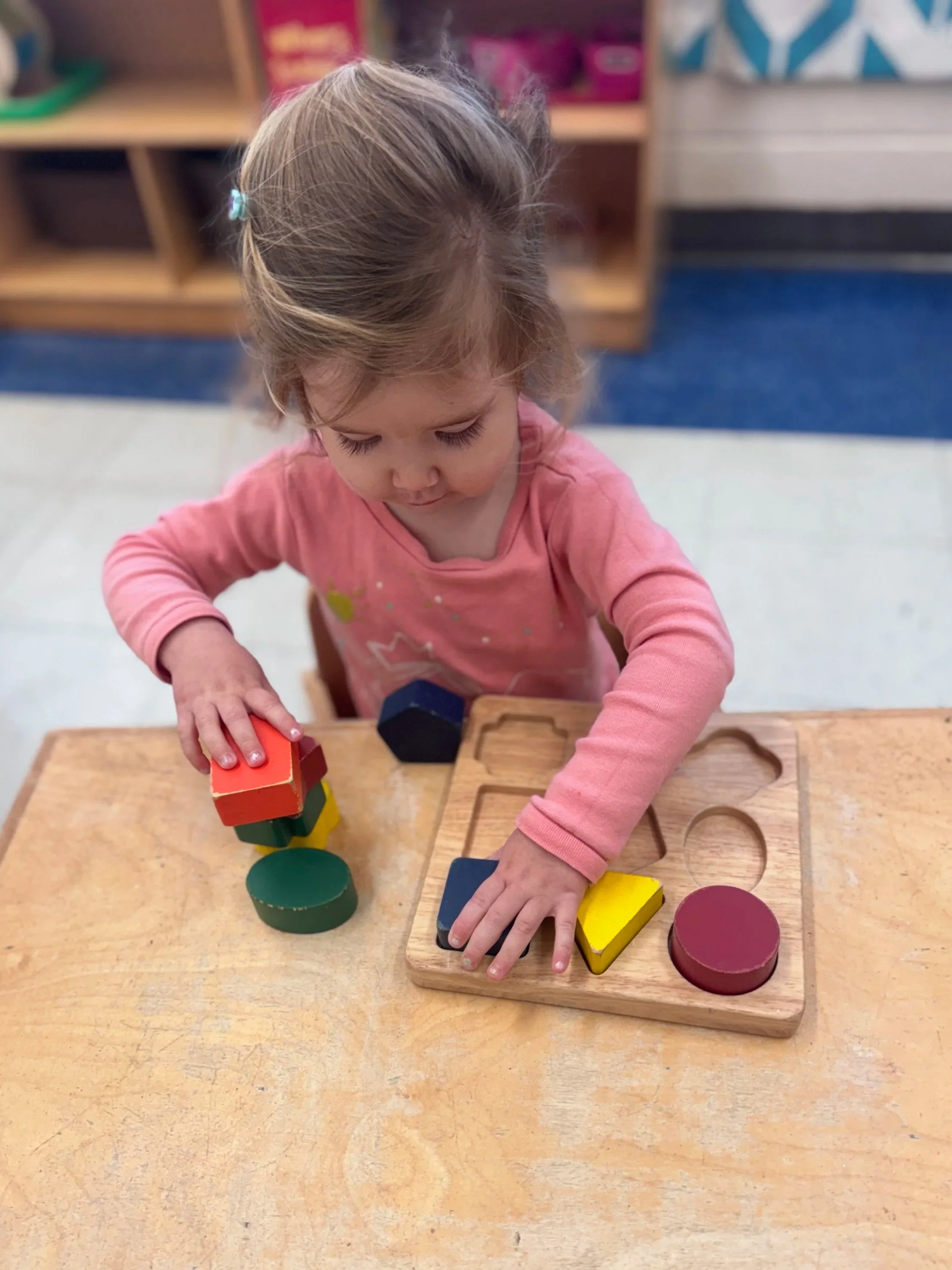 A young girl with light brown hair in a ponytail, wearing a pink long-sleeve shirt, is playing with colorful wooden blocks on a wooden table. The blocks are in various shapes and colors, and the girl appears to be stacking and organizing them.