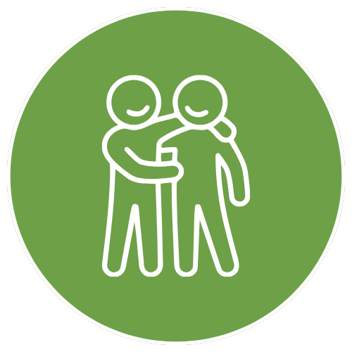 Two cartoon figures hugging inside a green circle.