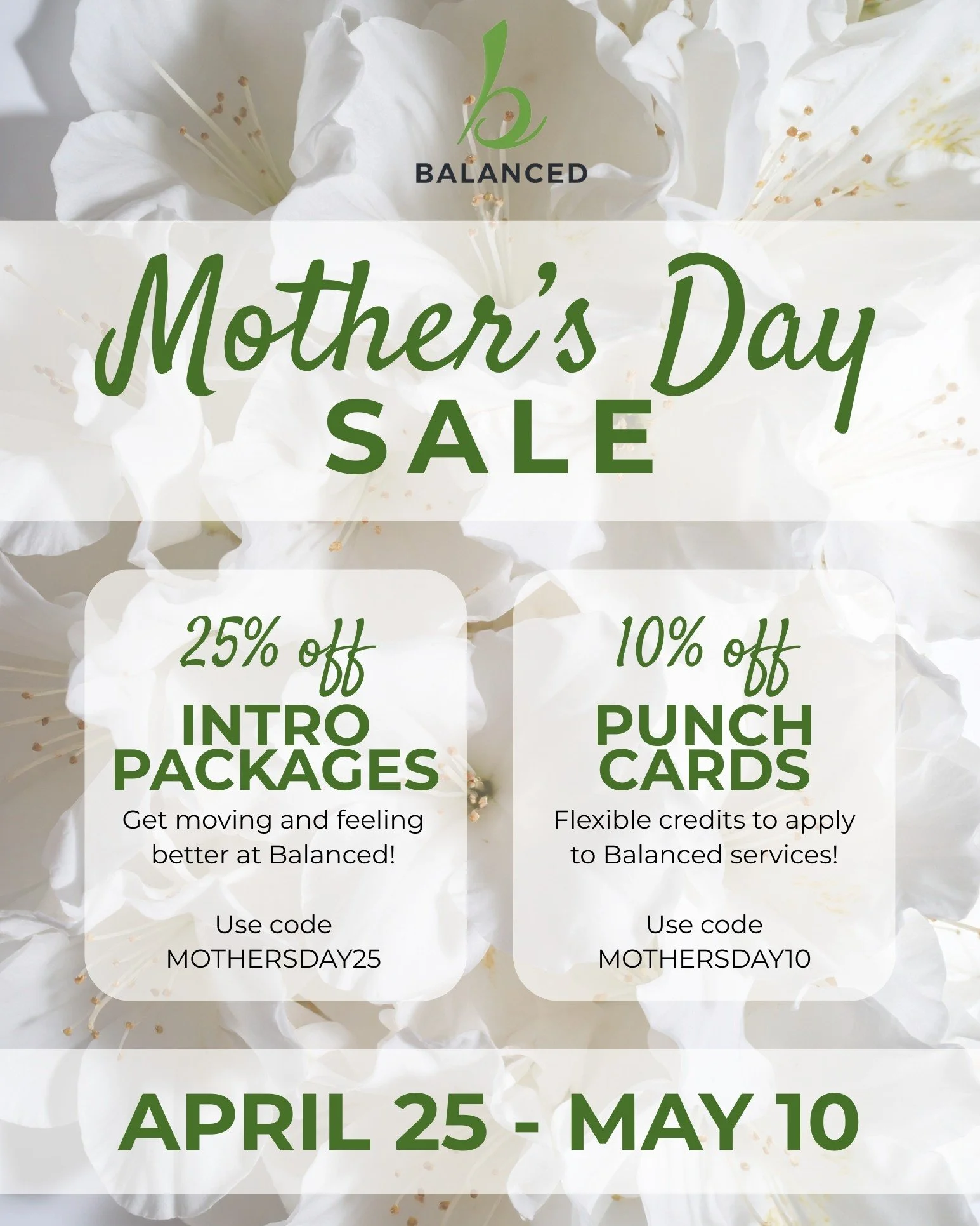 One day left of our Mother&rsquo;s Day Sale! 💚

A perfect time to invest in movement, support, and feeling your best, whether for yourself or someone you love.

Don&rsquo;t miss it.

#BalancedPilates #MothersDay #MoveWithPurpose