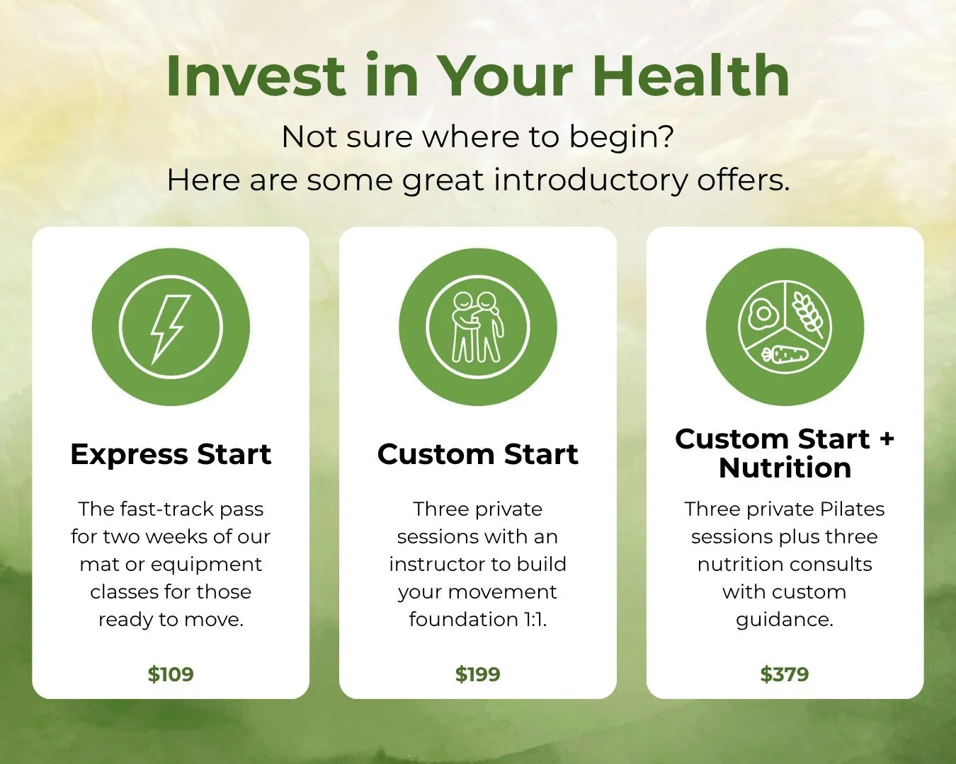 Not sure where to start? We&rsquo;ve created introductory offers designed to meet you where you are. 💚

Whether you&rsquo;re looking to explore Pilates classes, begin private sessions, start physical therapy, or receive personalized nutrition guidan
