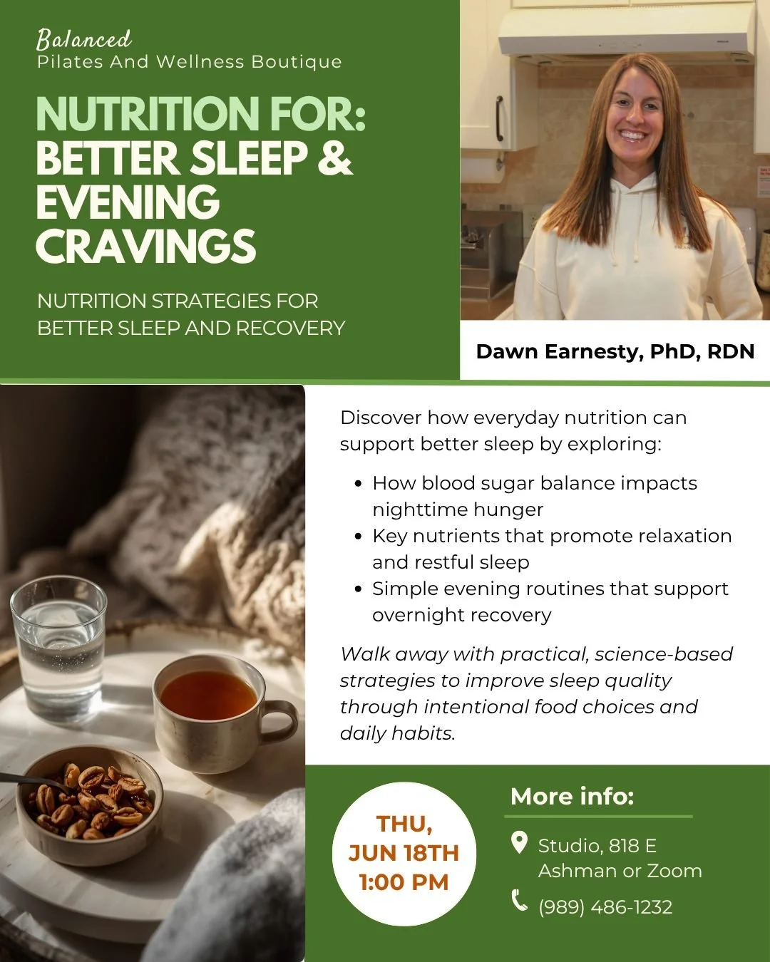 Join Dawn for her Nutrition for Better Sleep &amp; Evening Cravings workshop and discover how everyday nutrition can support better sleep! 

Walk away with practical, science-based strategies to improve sleep quality through intentional food choices 