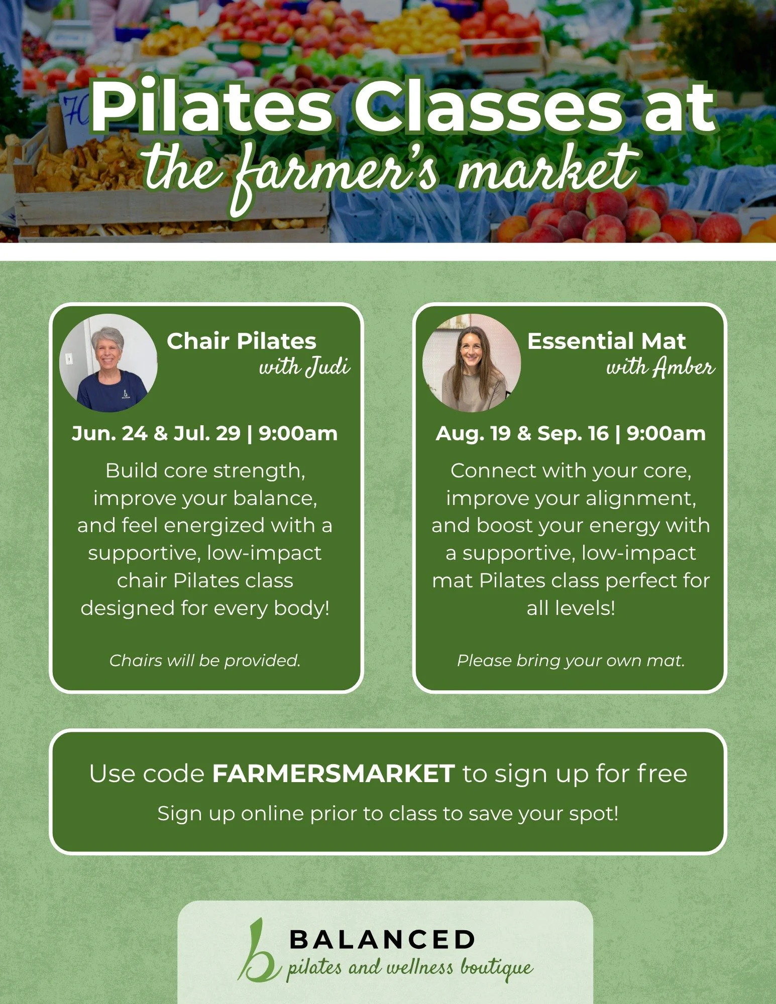 Summer movement is heading to the @midlandfarmersmarket 💚

Join us for a season of outdoor classes featuring Chair Pilates and Essential Mat with our Balanced instructors. 

This flyer includes all class dates, times, and descriptions so you can pla