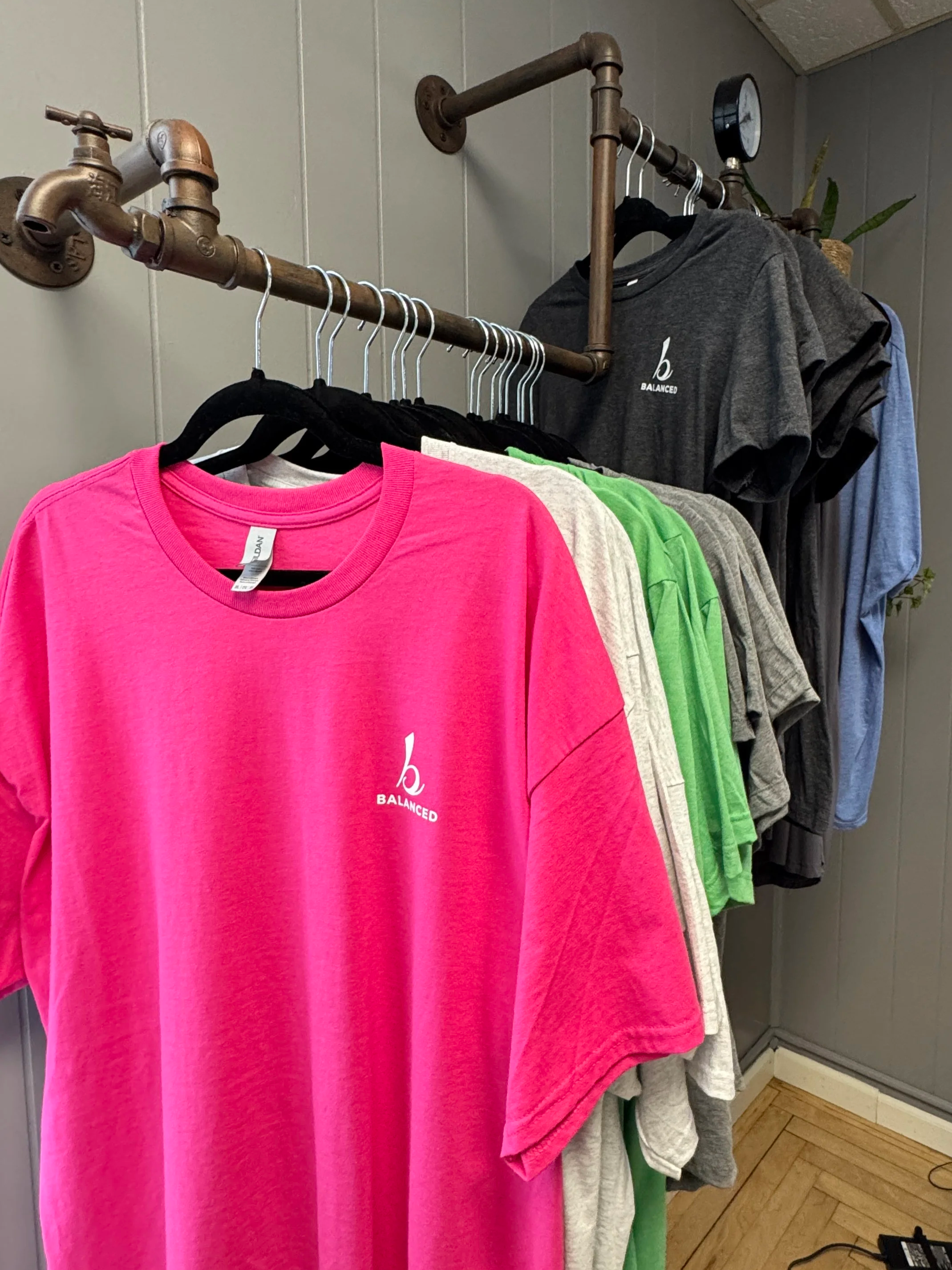 A clothing rack made of metal pipes with various colored t-shirts hanging on it, including pink, black, white, gray, green, and blue, in a store with wooden flooring and a gray wall with a plant in the background.